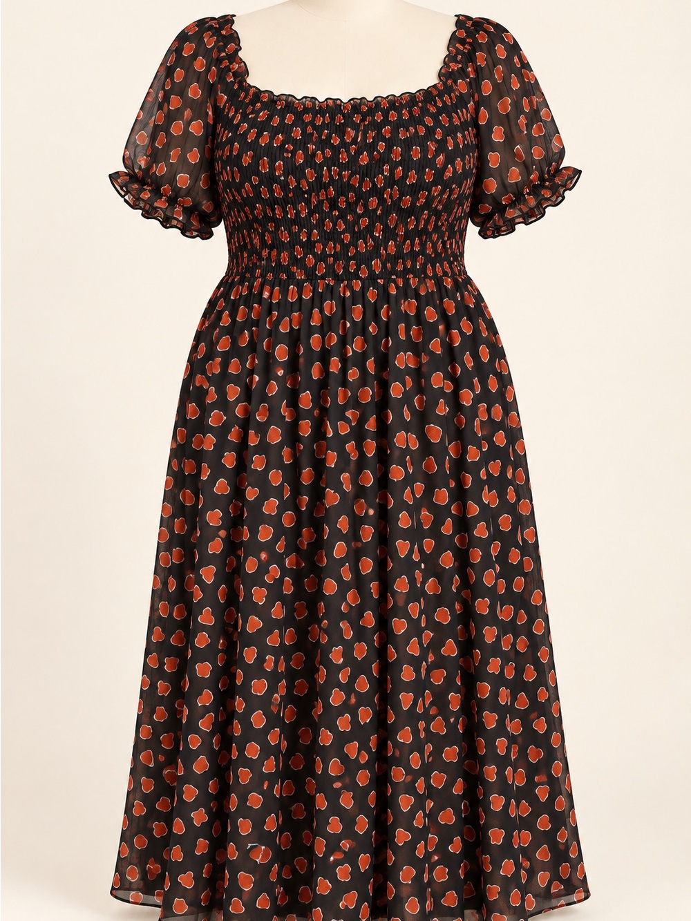 Smocked Square-Neck Midi Dress in Black with Rust Floral Spots